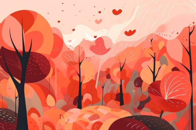 A colorful illustration of a forest with a heart shaped leaves