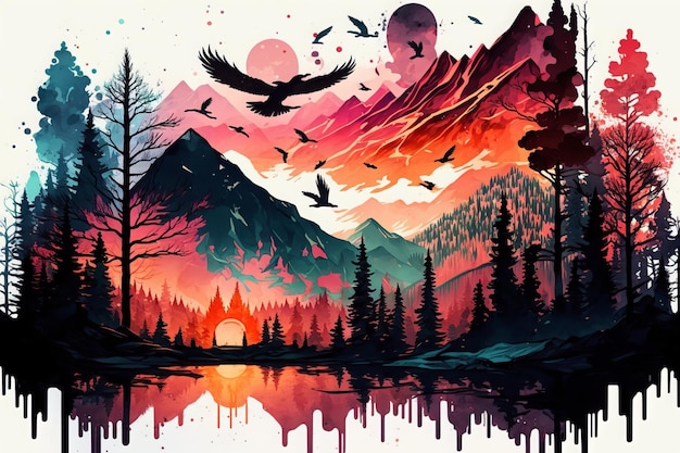 A colorful illustration of a forest with a mountain in the background