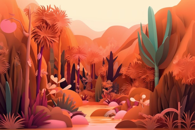 A colorful illustration of a forest with a river in the middle.