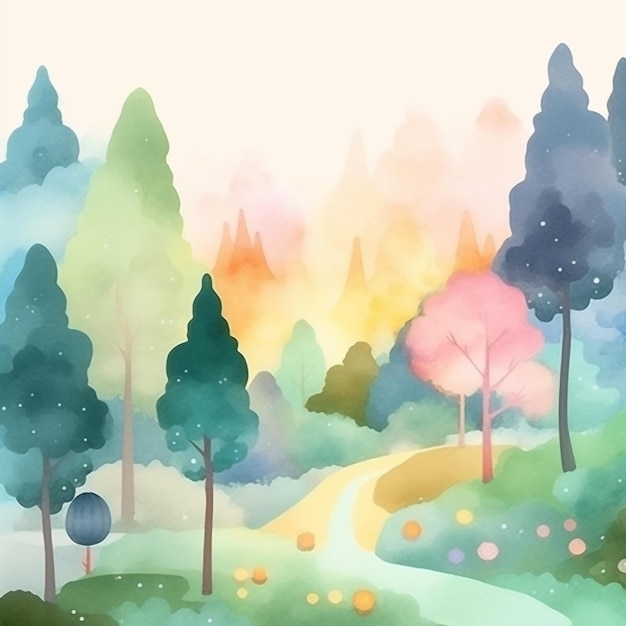 A colorful illustration of a forest with a road and trees in the background.