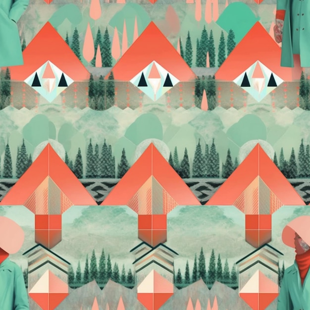 A colorful illustration of a forest with trees and a building in the background