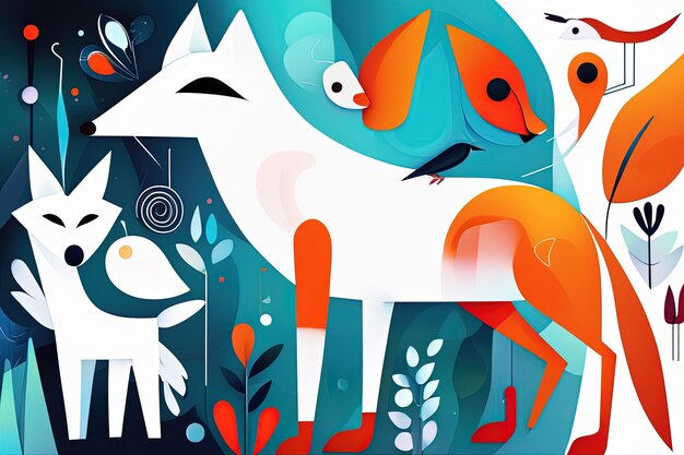 Photo a colorful illustration of a fox and two birds.