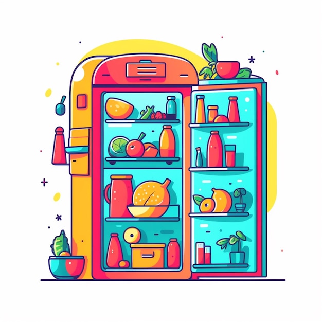 Colorful illustration of a fridge with food inside