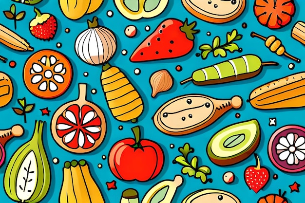 A colorful illustration of fruits and vegetables