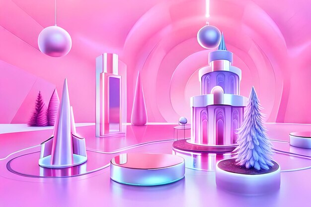 a colorful illustration of a futuristic scene with snowflakes and trees.