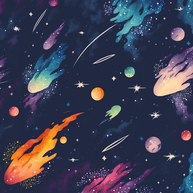 A colorful illustration of a galaxy with a comet and the words space on the bottom