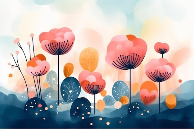 A colorful illustration of a garden with flowers and a heart shaped balloon.