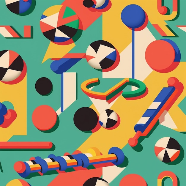 A colorful illustration of a geometric background with a number of objects.