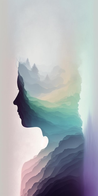 산이라는 단어가 적힌 소녀의 머리에 대한 다채로운 삽화.
