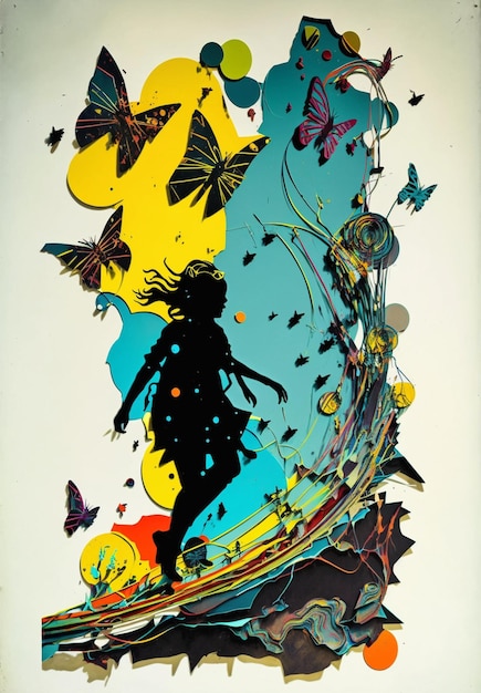 A colorful illustration of a girl with butterflies on it