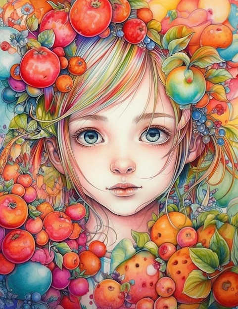 A colorful illustration of a girl with a head full of fruit.