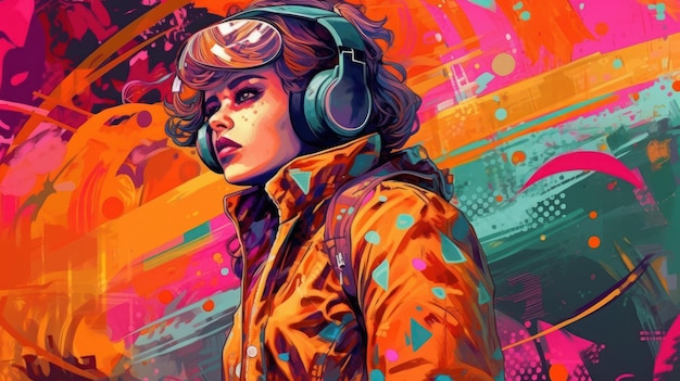 A colorful illustration of a girl with headphones on