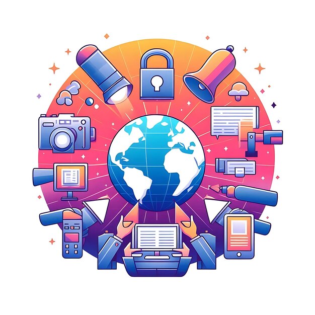 a colorful illustration of a globe with various devices around it