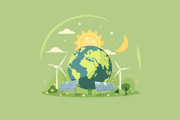 a colorful illustration of a green earth surrounded by solar panels and wind turbines under a bright sun and clouds