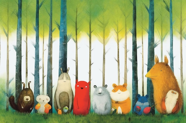 A colorful illustration of a group of animals in a forest.