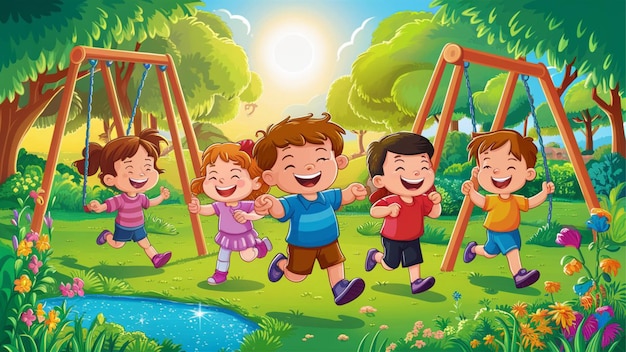 Foto un'illustrazione colorata di un gruppo di bambini che giocano gioiosamente in una lussureggiante