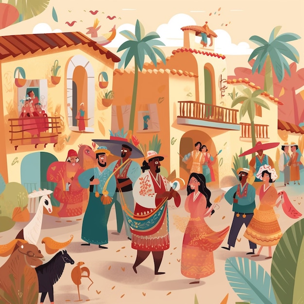 A colorful illustration of a group of people in a town with a building in the background.