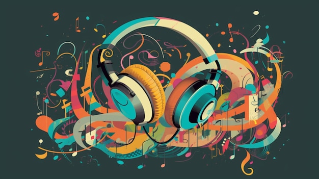 A colorful illustration of headphones with a black background.