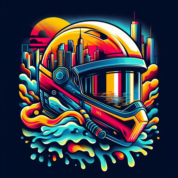 Photo a colorful illustration of a helmet with a cityscape in the background