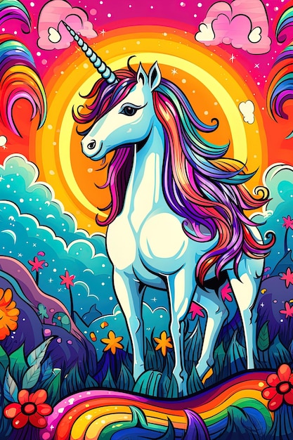 Photo a colorful illustration of a horse with rainbows in the background.