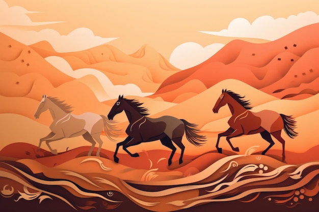 A colorful illustration of horses running in the desert.