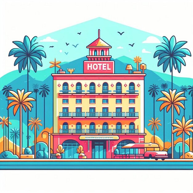 Foto un'illustrazione colorata di un hotel con palme sullo sfondo