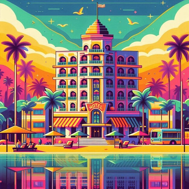 Foto un'illustrazione colorata di un hotel con palme e un edificio sullo sfondo