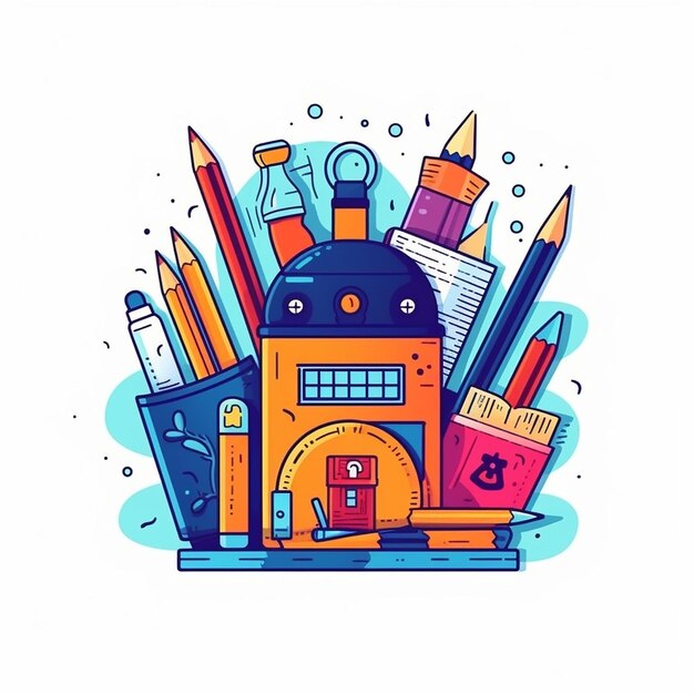 A colorful illustration of a house and a pencil.