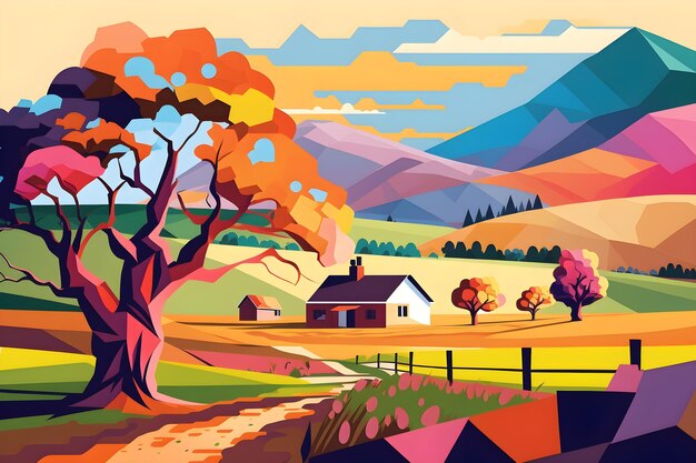 Photo a colorful illustration of a house in a rural landscape.