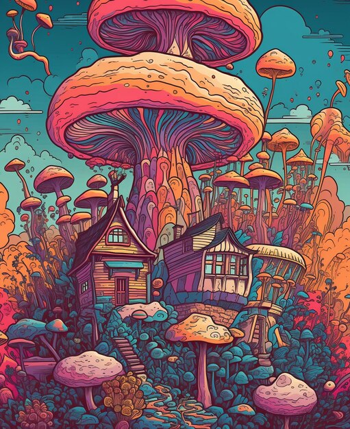 A colorful illustration of a house surrounded by mushrooms.