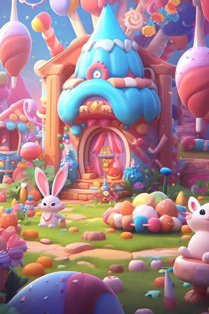 Красочная иллюстрация дома с кроликом и голубого дома с розовой крышей.