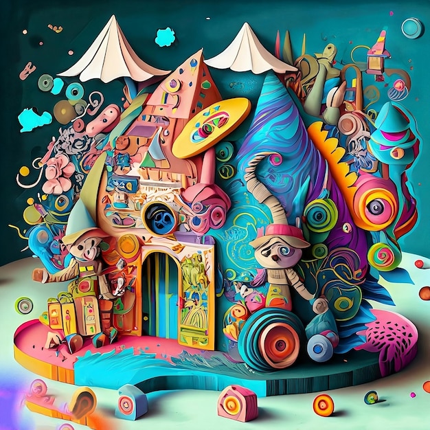 A colorful illustration of a house with a cartoon character on it