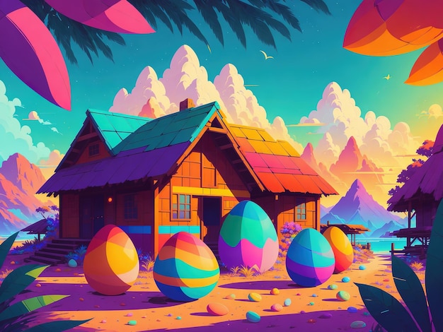 A colorful illustration of a house with a house in front of it and a mountain in the background.