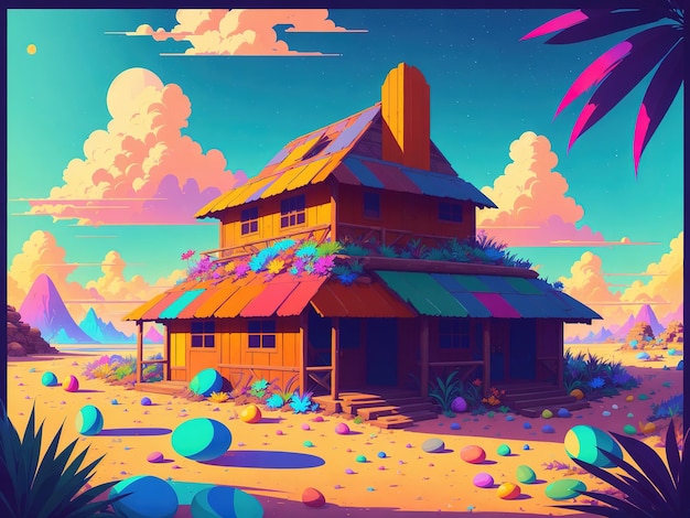 A colorful illustration of a house with a rainbow roof and a colorful sky