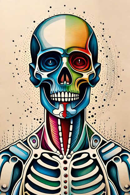 A colorful illustration of a human skull with different colors.