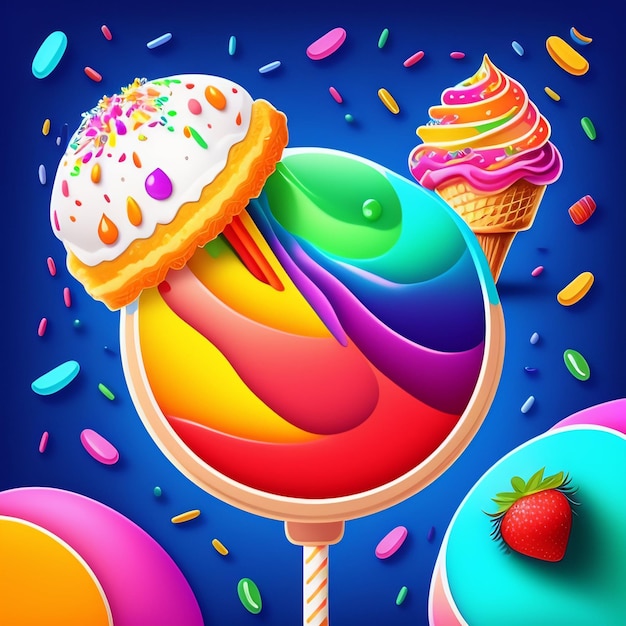 A colorful illustration of a ice cream cone with a strawberry on top.