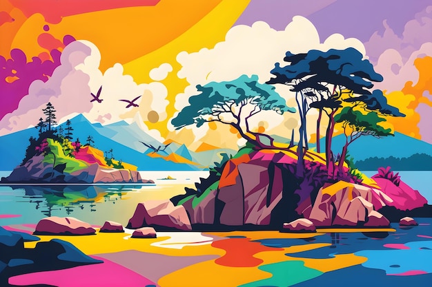 A colorful illustration of a lake with mountains and trees