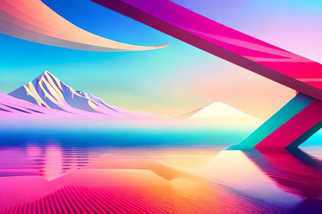 A colorful illustration of a lake with mountains and the words'rainbow '