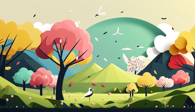 A colorful illustration of a landscape with a bird on the ground.