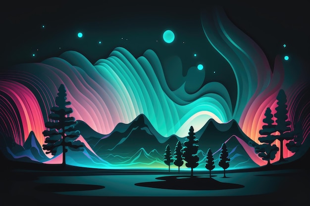 Красочная иллюстрация пейзажа с горами и огнями северного сияния.