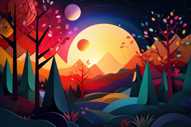 A colorful illustration of a landscape with mountains and trees.