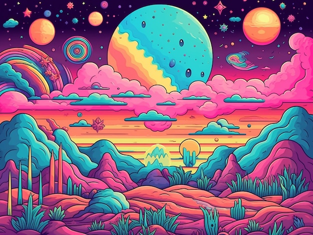 Photo a colorful illustration of a landscape with planets and clouds generative ai