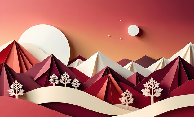 a colorful illustration of a landscape with a red and white paper