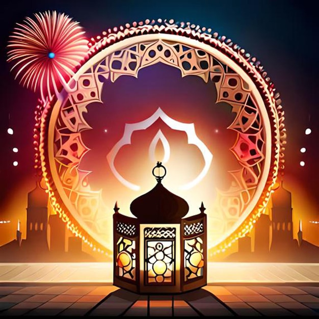 A colorful illustration of a lantern with fireworks in the background.