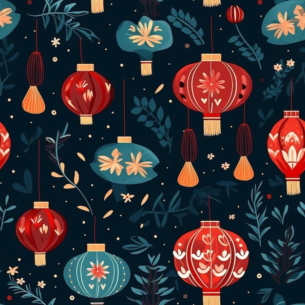 A colorful illustration of lanterns with a blue background.