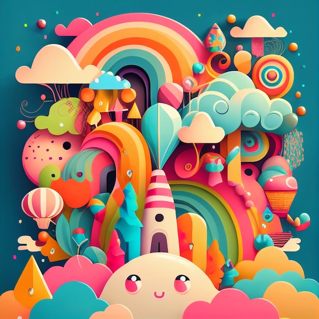 A colorful illustration of a lighthouse surrounded by clouds and rainbows.