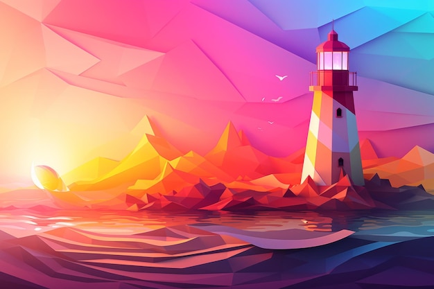 A colorful illustration of a lighthouse with mountains in the background.