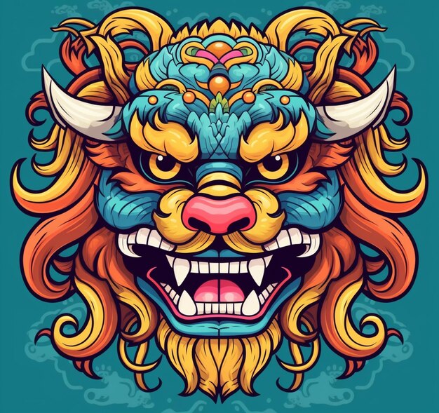 A colorful illustration of a lion head with horns and a flower on its head generative ai