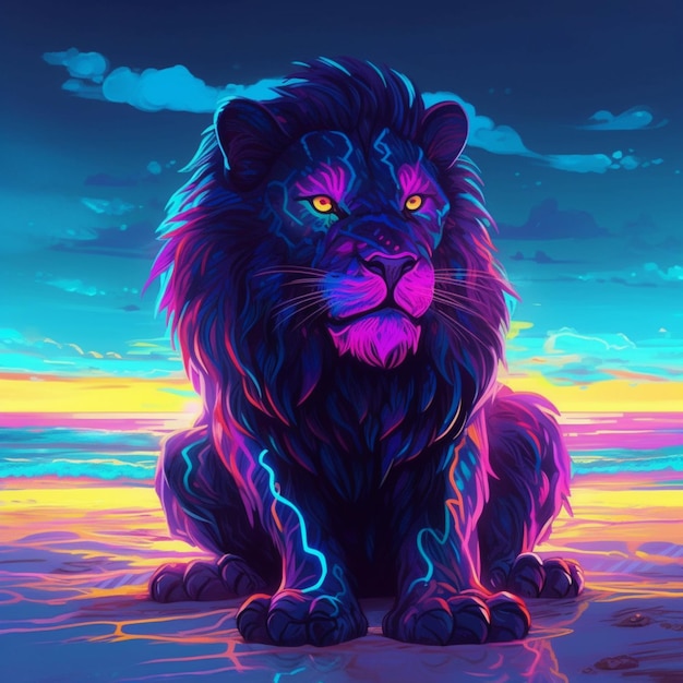 A colorful illustration of a lion with the blue eyes and yellow eyes.