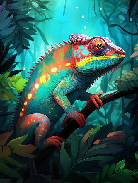 A colorful illustration of a lizard with the words